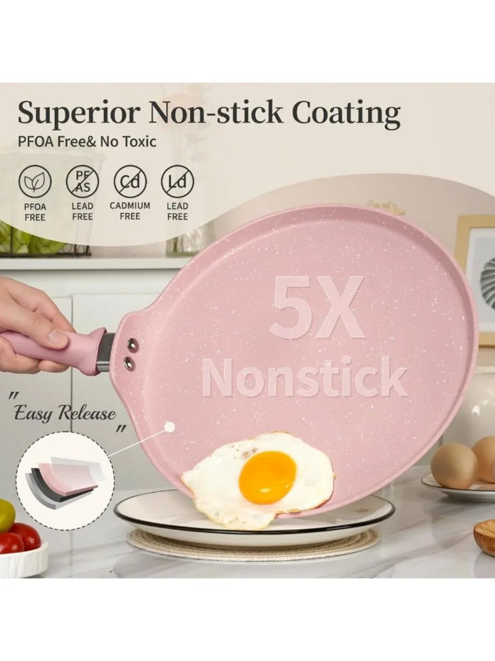 10-Inch Nonstick Crepe & Dosa Pan - Pink Granite Skillet, Induction Compatible